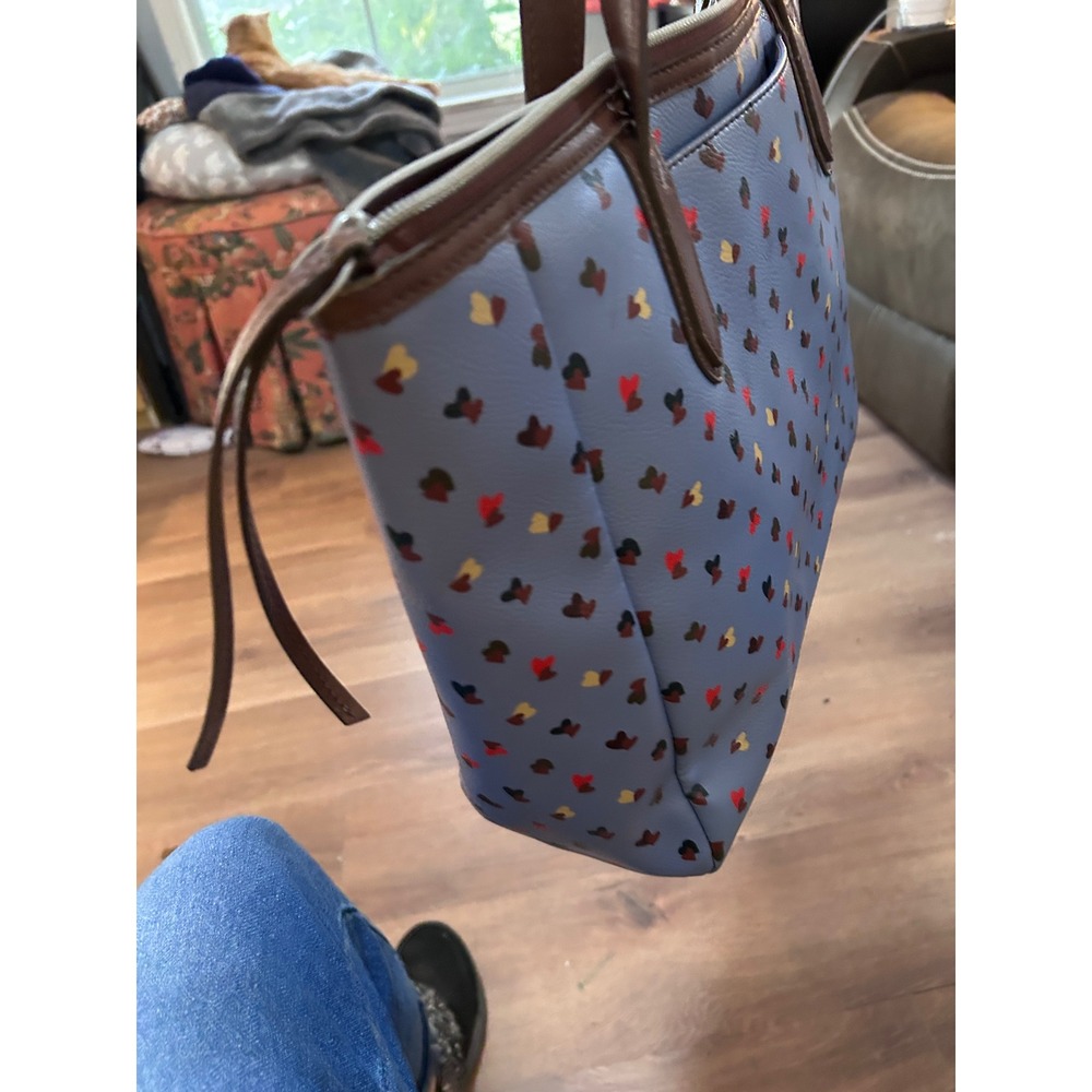 Fossil Heart Print Tote Bag Blue Brown Leather Trim Key Charm - Picture 2 of 7